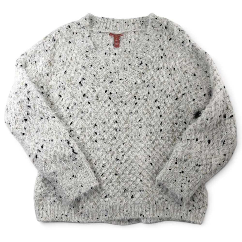 chelsea & violet fuzzy speckled knit sweater lg cozy boho grandpa core oversized